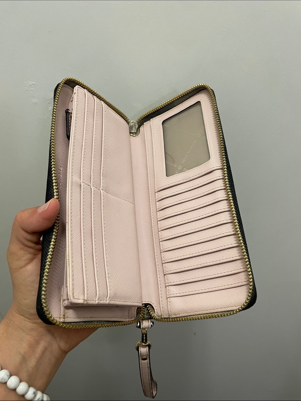 Michael Kors Beige Logo Zip Wallet with Pink & White Center Stripe - Picture 14 of 17